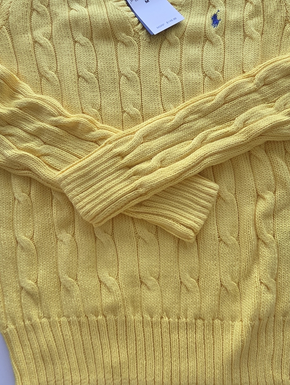 $148 Lauren Ralph Lauren Yellow Cable Knit V-Neck Sweater Size M - Picture 8 of 8